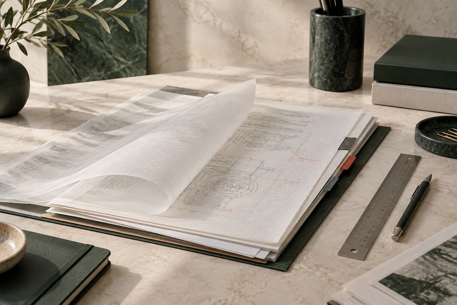 Technical documents, annotations and precision tools arranged for specialist localisation work